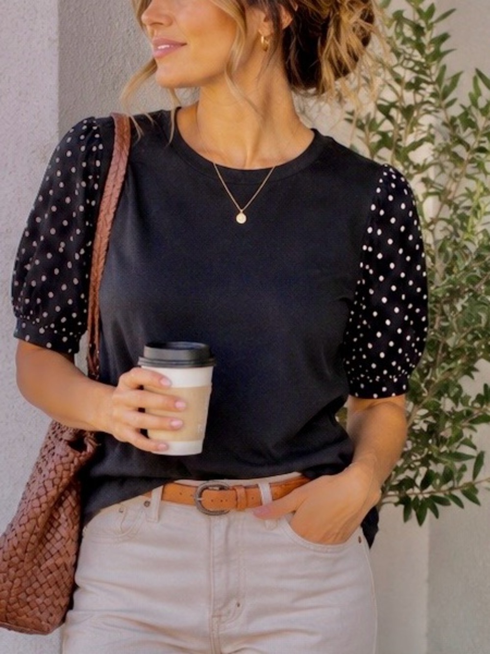 Sanctuary Black Top with Polka Dot Puff Short Sleeves